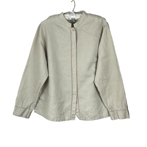 Sigrid Olsen Linen Shirt Women's Size L Beige Button Front Mandarin Collar - Picture 1 of 9